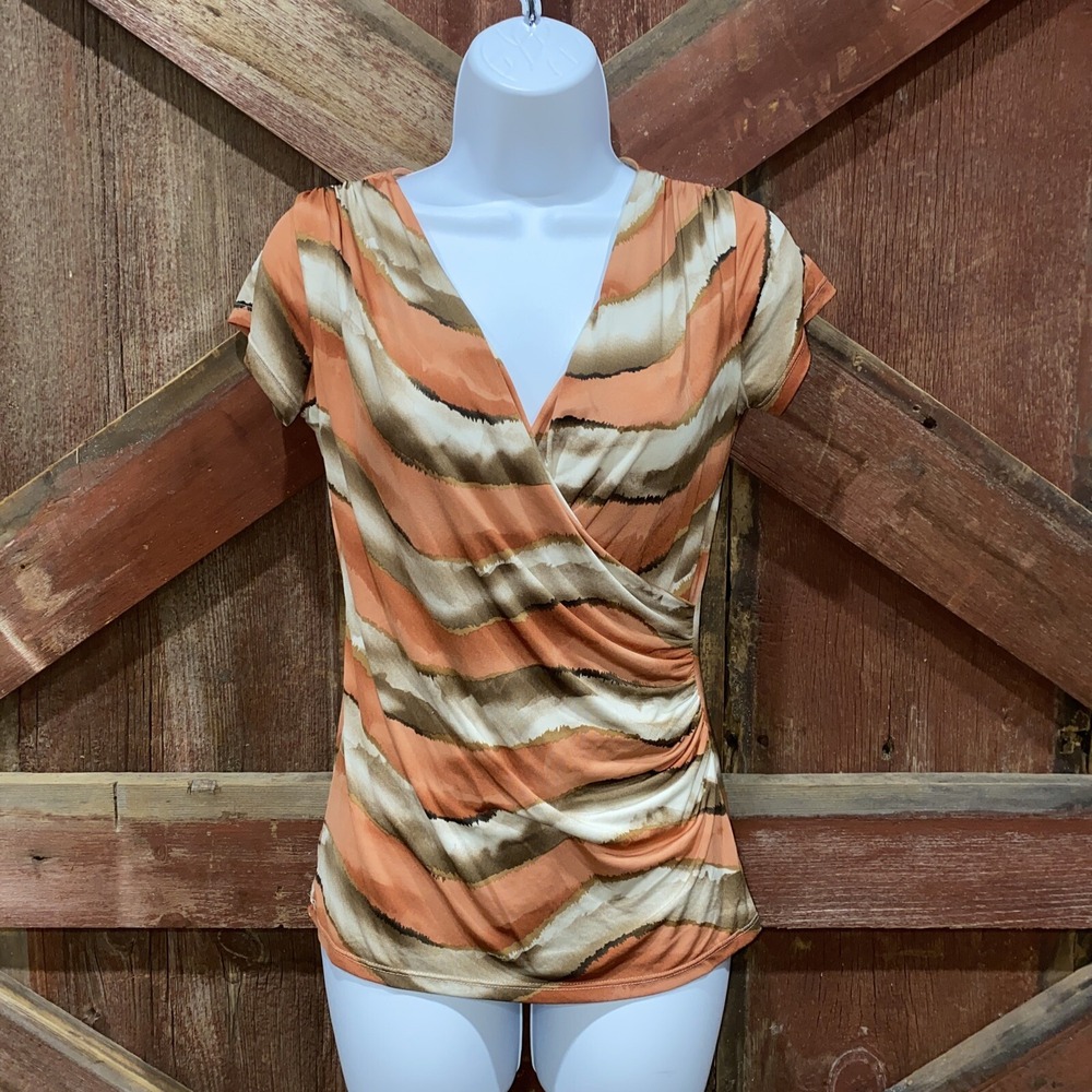 Boston Proper Surplice Wrap Top XS Sedona Brown Striped Western V-Neck Blouse